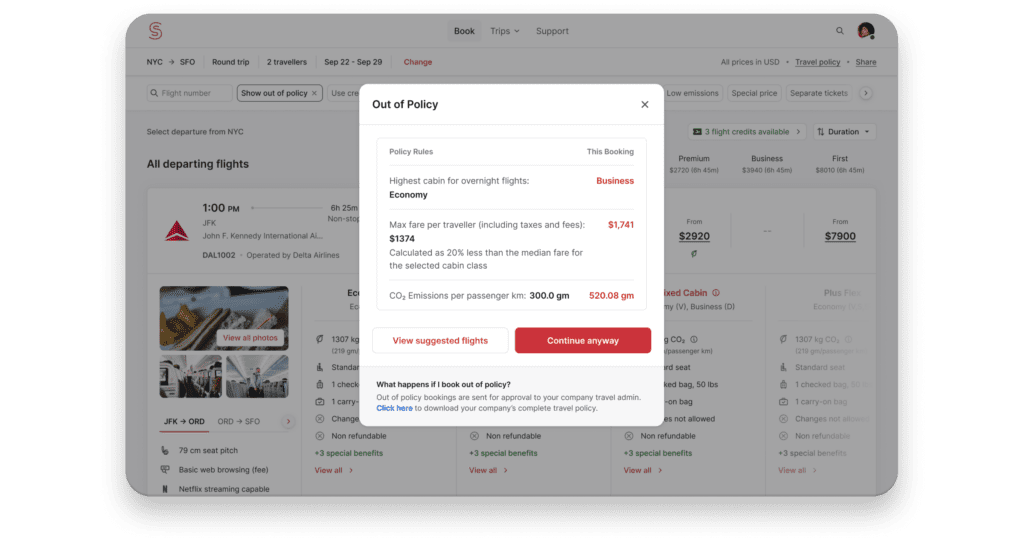 Spotnana's LLF interface for out-of-policy bookings.