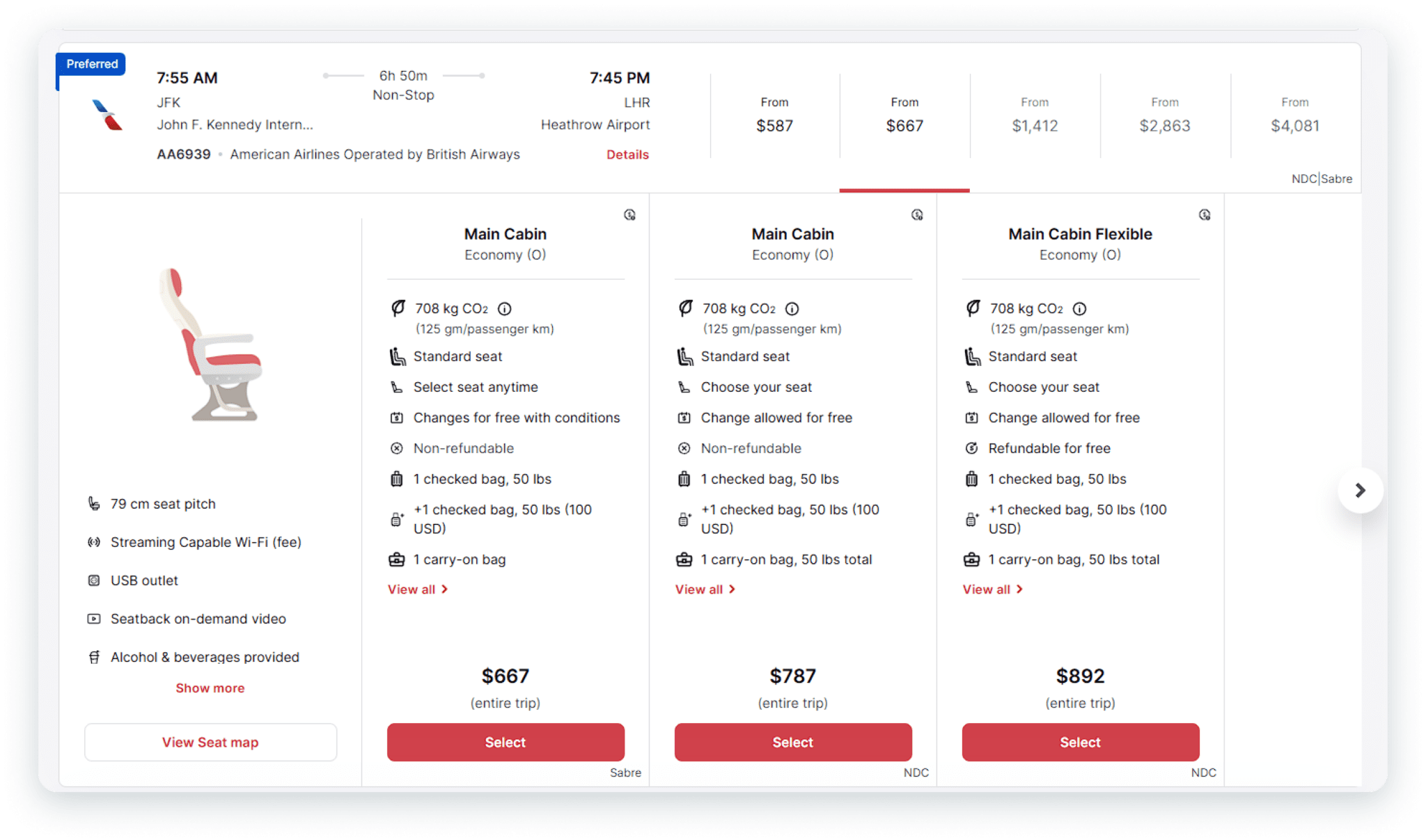 An image of Spotnana's flight shopping interface.