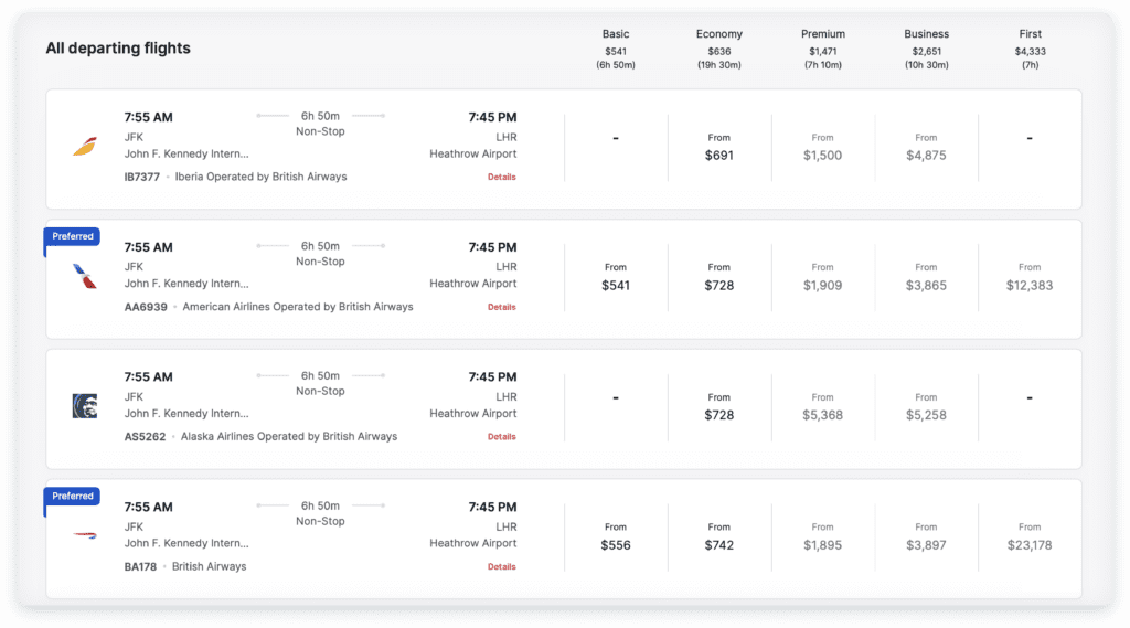 A Spotnana flight search showing preferred carriers.