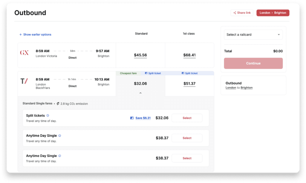 A rail search with split ticketing on Spotnana.