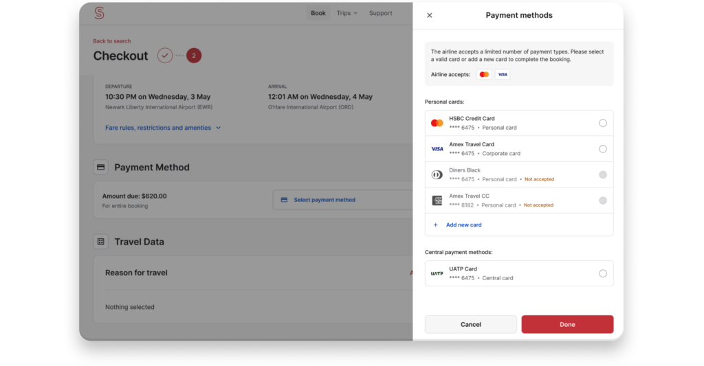 Spotnana's interface enabling cash payments for flights.